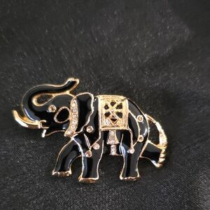 Vintage Art Deco Style Gold Tone Black Enamel Rhinestone  Elephant Design